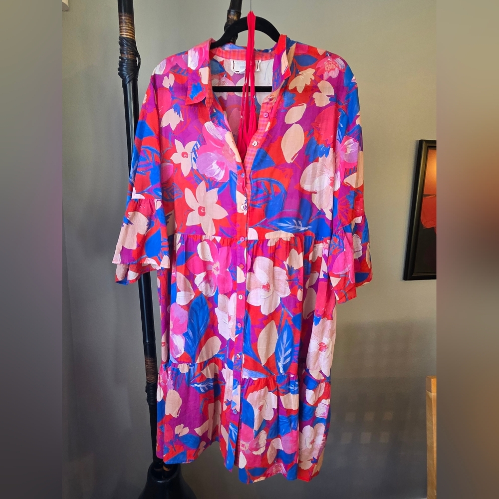 Johnny Was Floral Midi Dress - Red and Blue. Length from shoulder is 35", chest